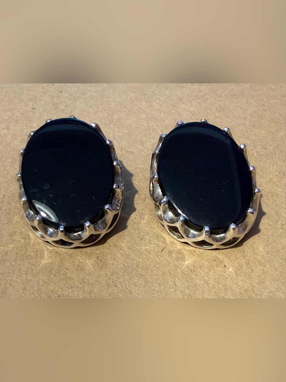 Vintage Panetta Black Onyx Oval Clip Earrings with Silver-Tone Setting